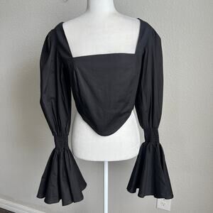 New The Lulo Project Black Crop Poplin Top Women's L Smocked Long Puff Sleeves